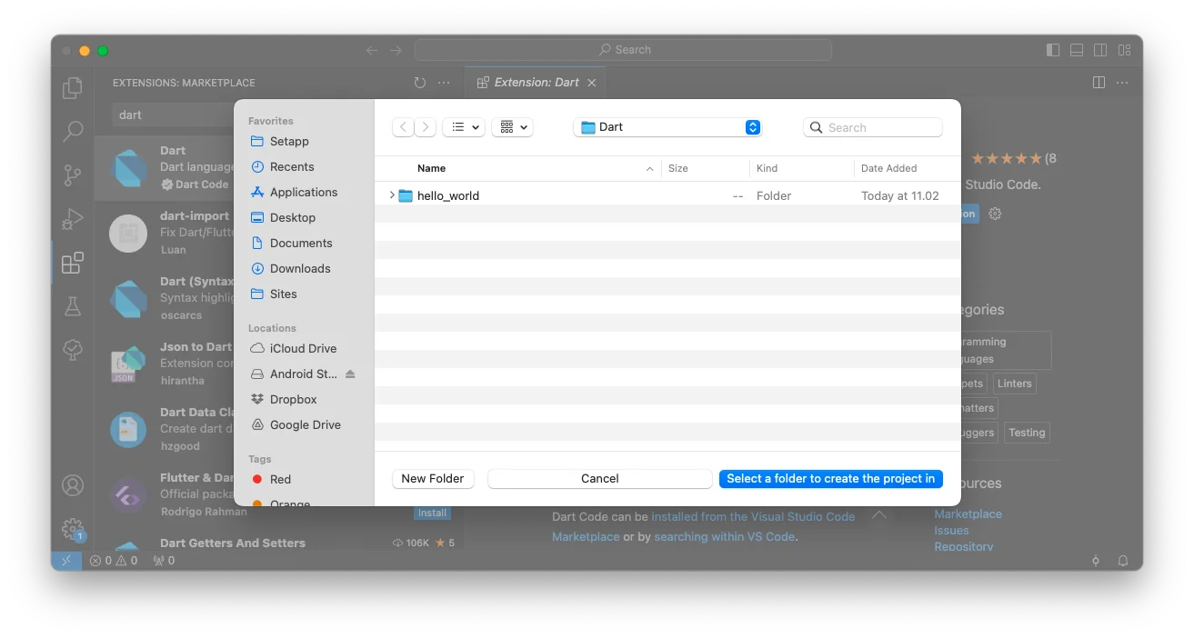 Dialog pemilihan folder untuk menyimpan project Dart baru di Visual Studio Code