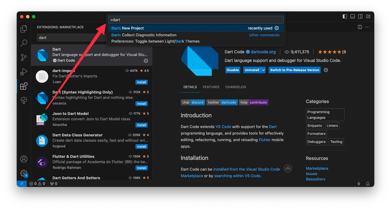 Command Palette Visual Studio Code dengan perintah Dart: New Project