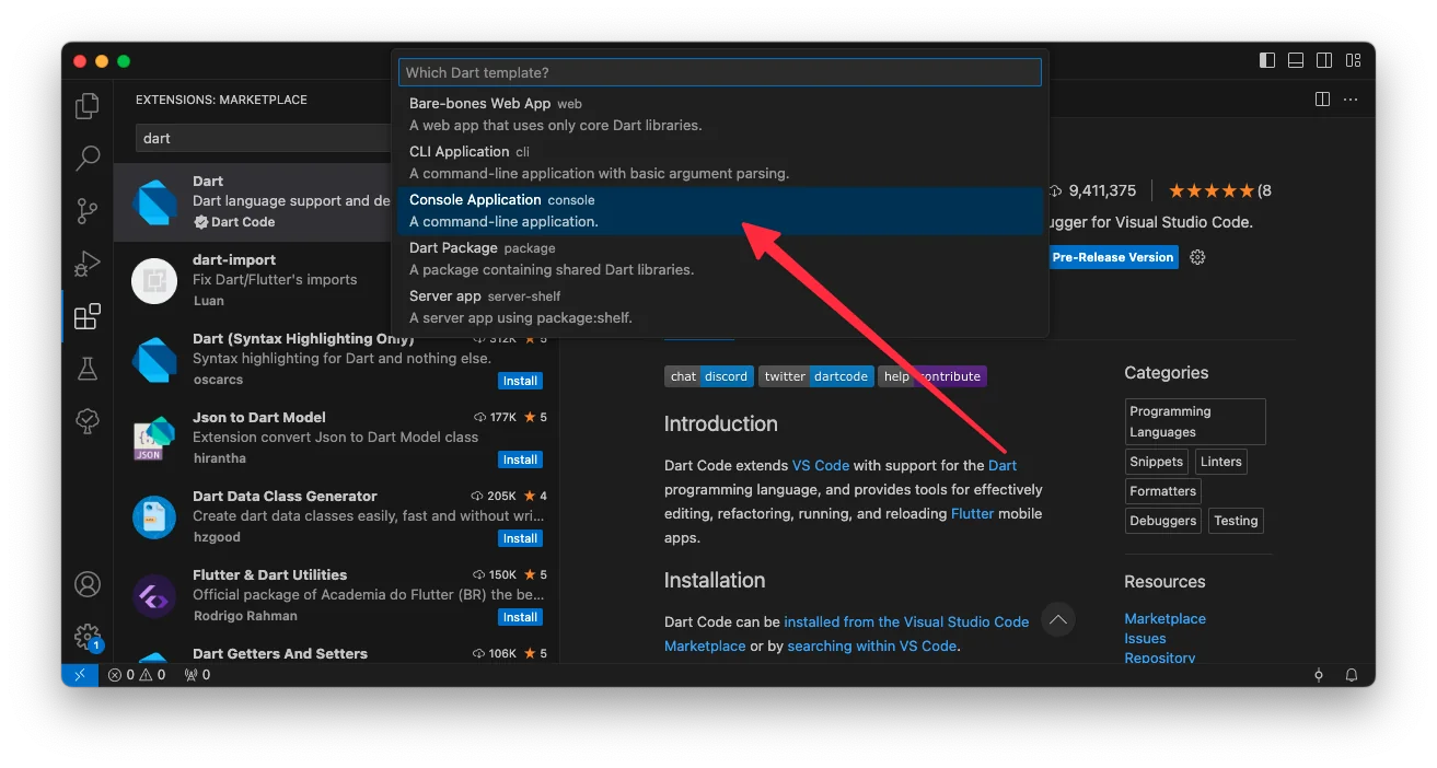 Pilihan template Console Application saat membuat project Dart baru di Visual Studio Code
