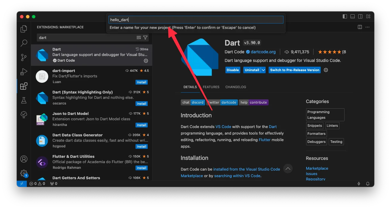 Mengetik nama project hello_dart di Command Palette Visual Studio Code