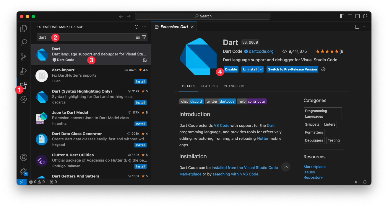 Ekstensi Dart language support di marketplace Visual Studio Code