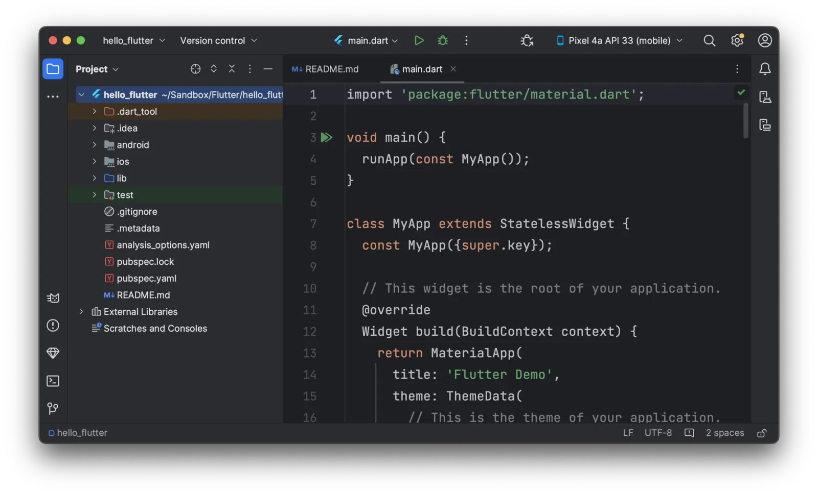 Android Studio membuka project Flutter hello_flutter dengan file main.dart