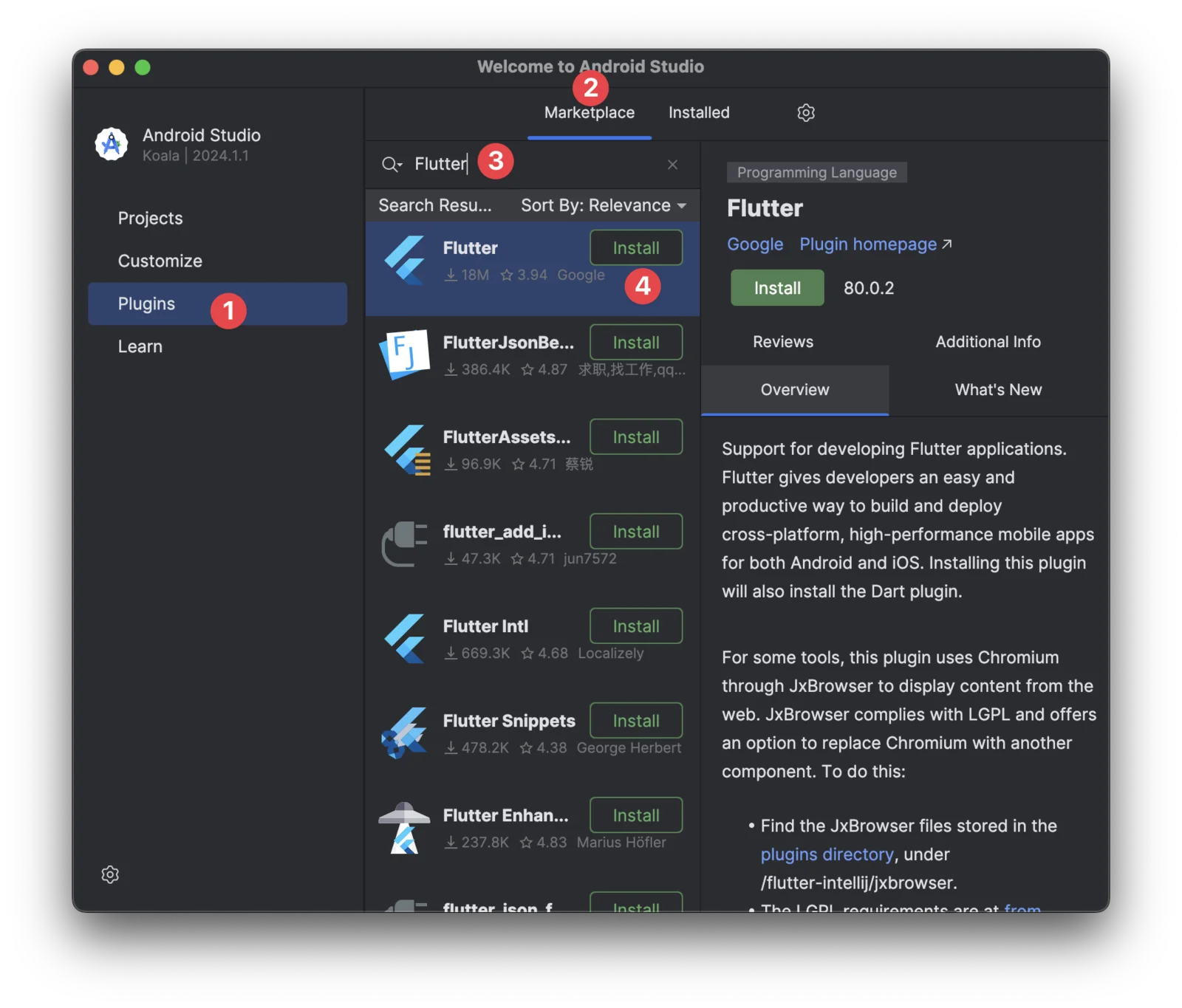 Pencarian plugin Flutter di Marketplace Android Studio dengan tombol Install