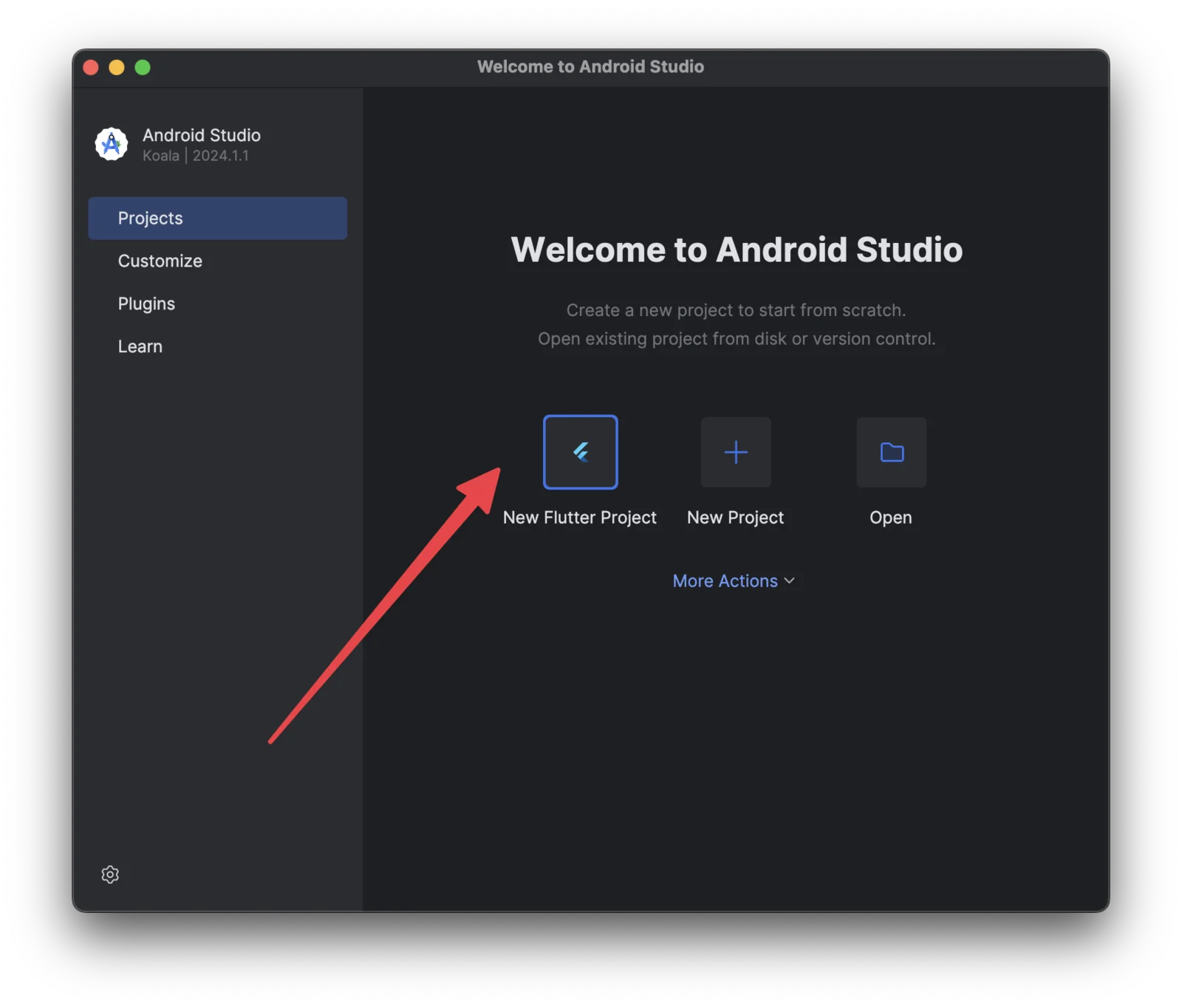 Menu New Flutter Project di jendela Welcome to Android Studio dengan panah merah