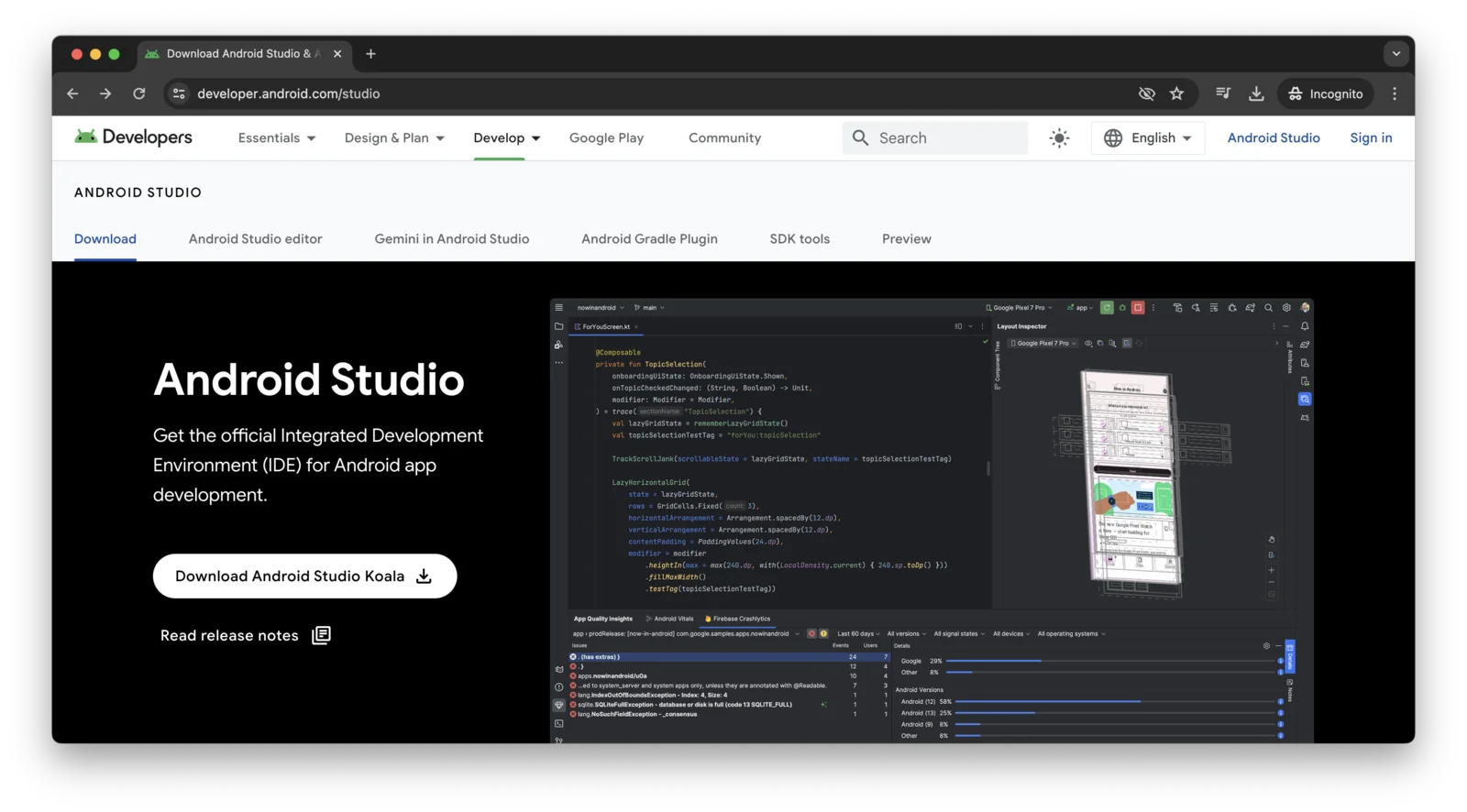 Laman unduhan Android Studio resmi dengan tombol Download Android Studio Koala