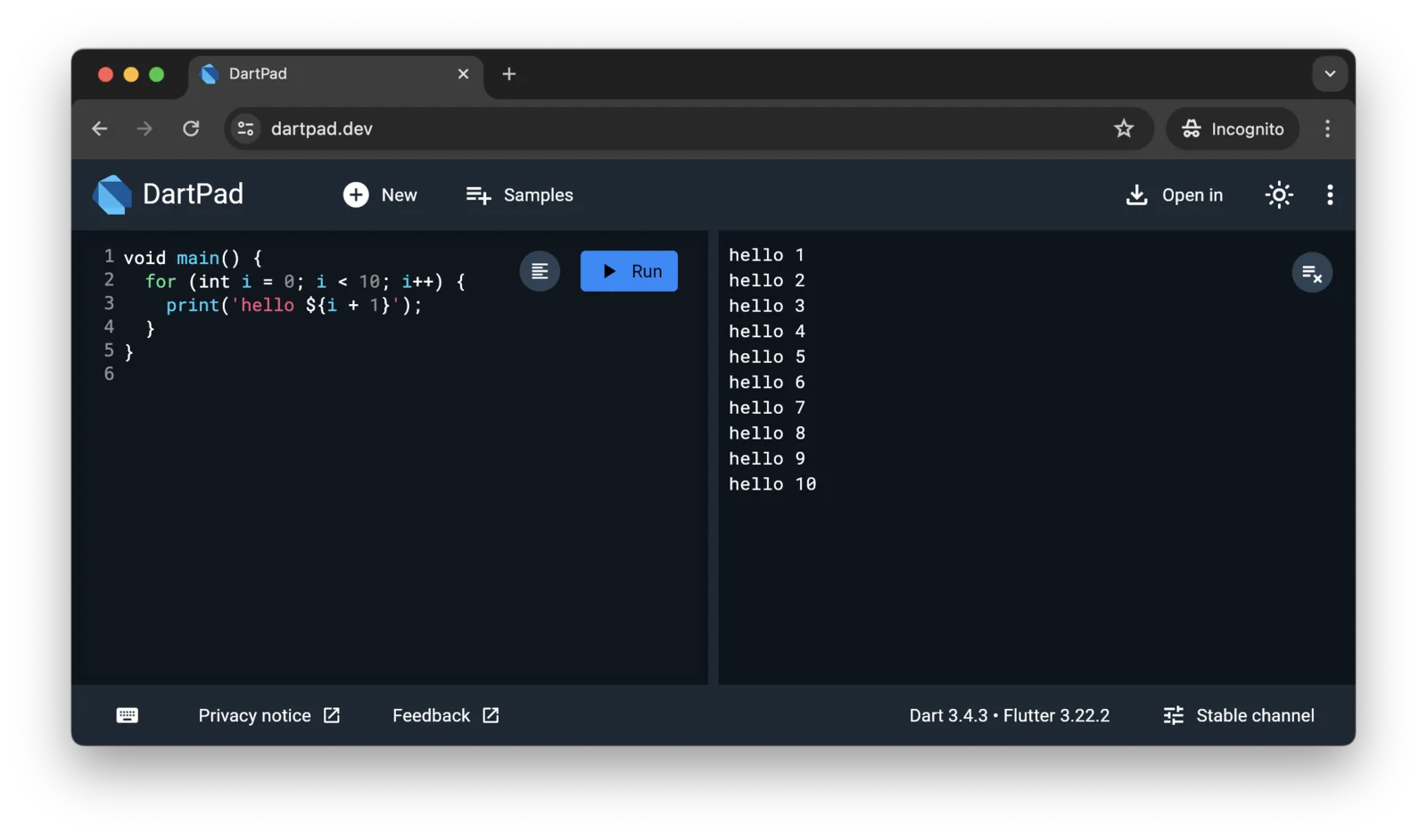 DartPad di browser dengan kode Dart dan hasil keluaran hello 1 sampai 10