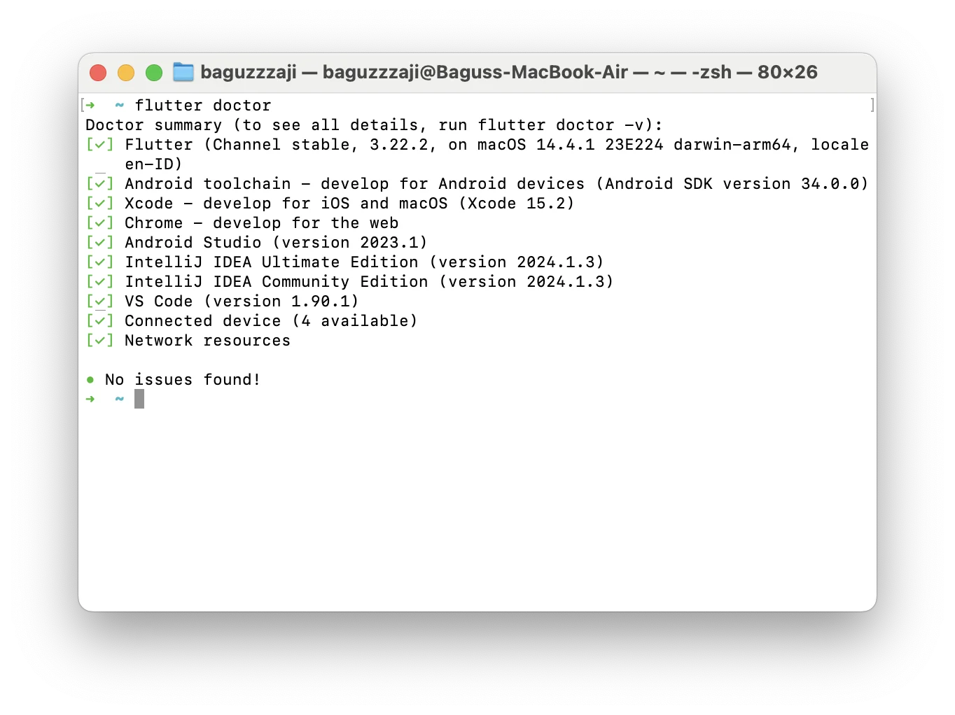 Hasil perintah flutter doctor di terminal dengan semua pemeriksaan tercentang