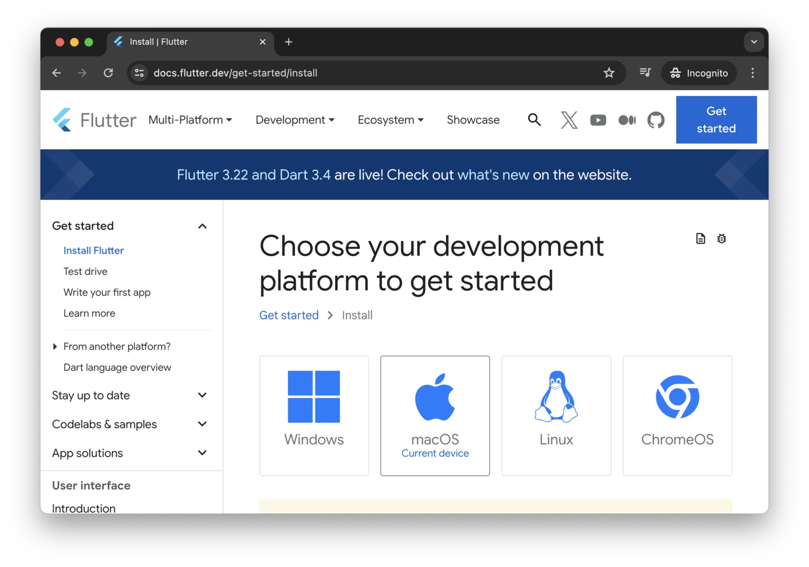 Laman install Flutter dengan pilihan platform Windows, macOS, Linux, dan ChromeOS