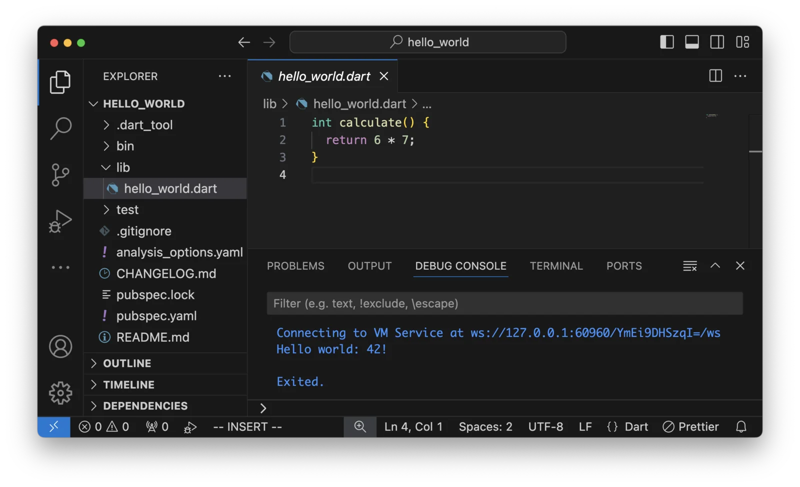 Editor Visual Studio Code membuka project Dart hello_world dengan debug console
