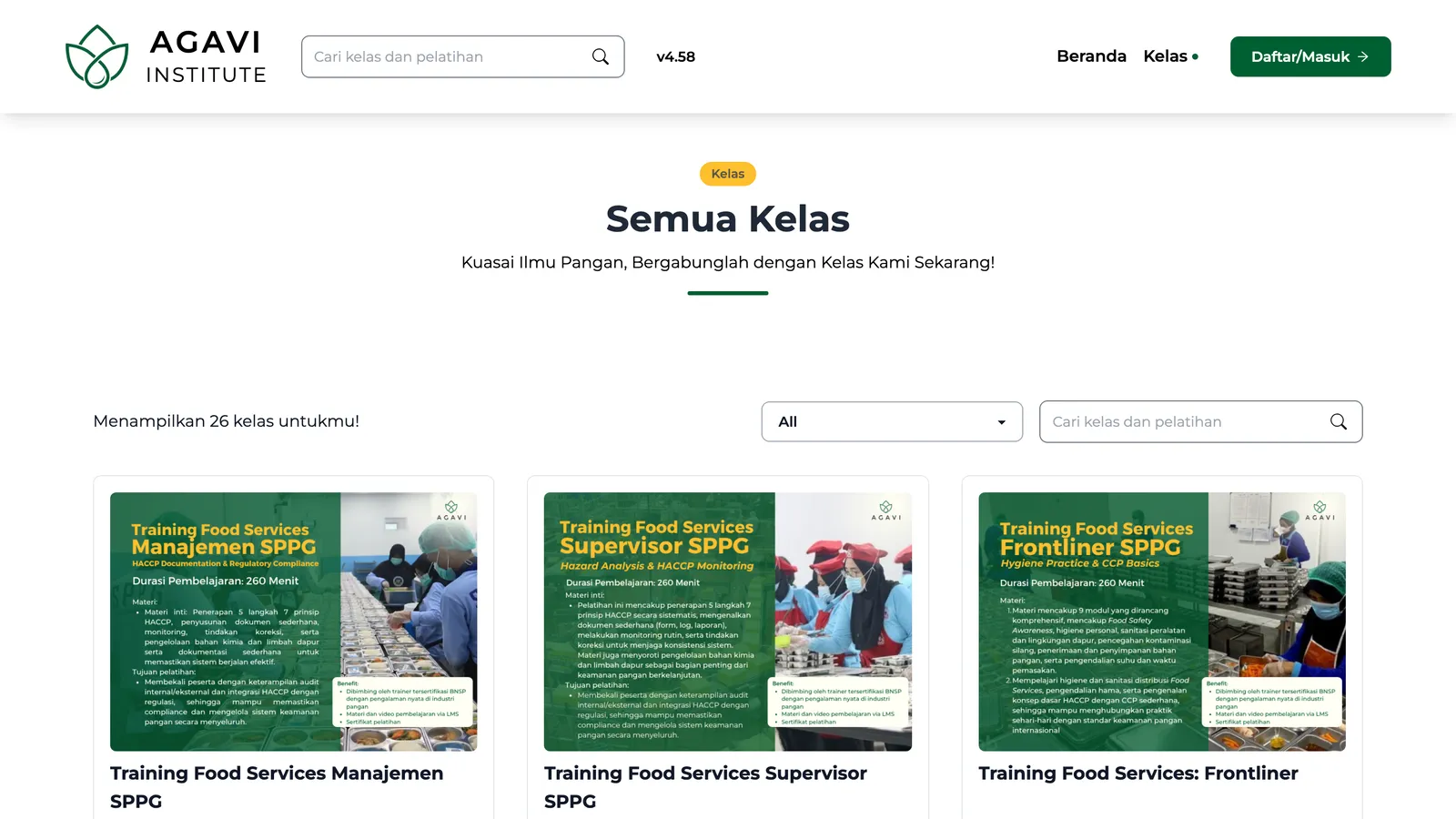 AGAVI Institute course catalog showing food service training courses with prices and add to cart buttons
