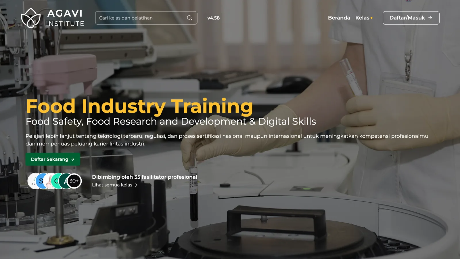 AGAVI Institute homepage with the Food Industry Training headline over a laboratory photo