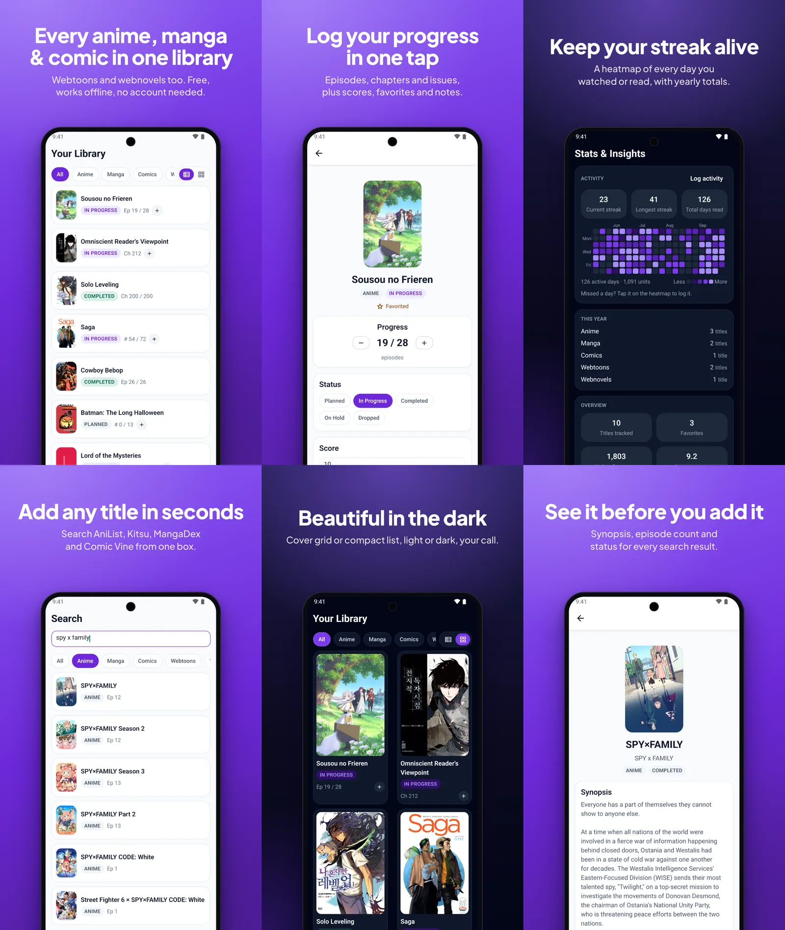 Six Animania screens: library list, one-tap progress, streak heatmap, multi-source search, dark grid view, and title preview