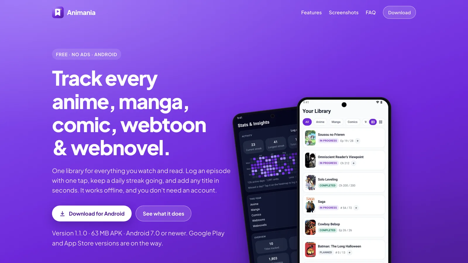 Animania landing page with the headline Track every anime, manga, comic, webtoon and webnovel beside phone screens of the library and stats