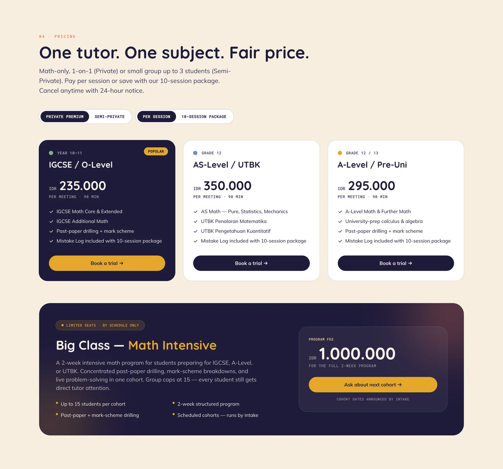 Auden Academy pricing section with private and per-session toggles, three level cards, and a two-week intensive class offer