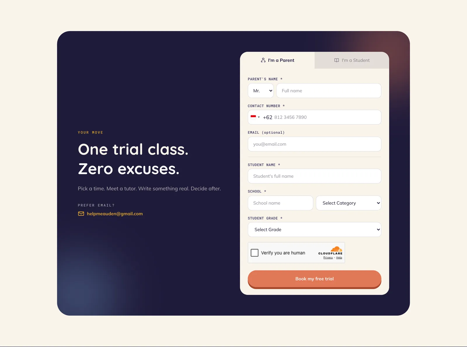 Auden Academy free trial form with parent and student tabs, phone input, school and grade fields, and a Cloudflare Turnstile check