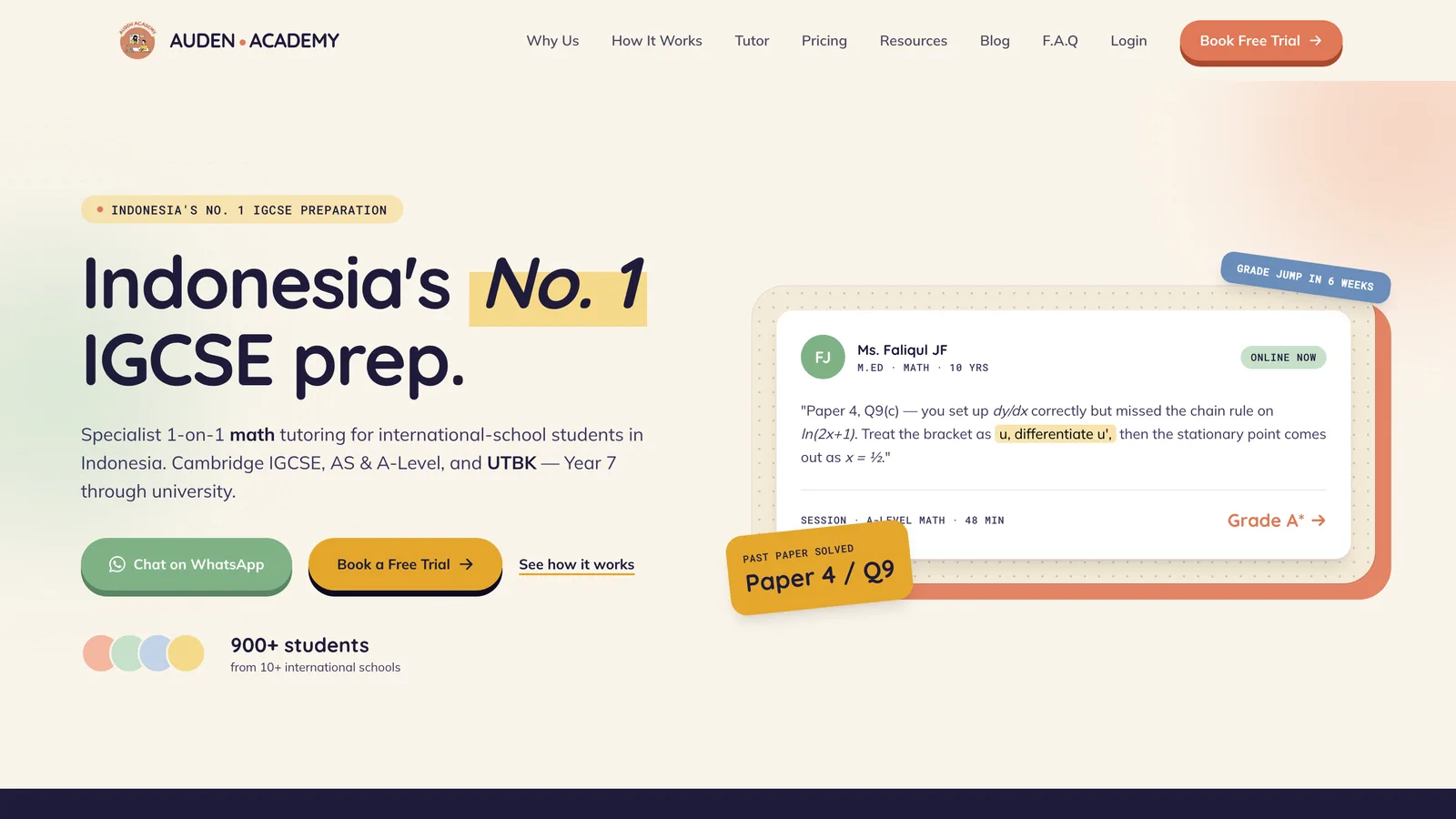 Auden Academy homepage hero with the IGCSE prep headline, WhatsApp and free trial buttons, and a sample tutor feedback card