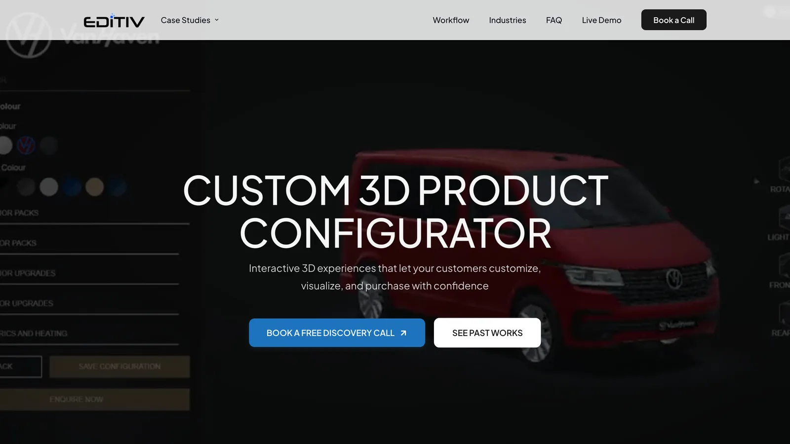 EDITIV homepage with the Custom 3D Product Configurator headline over a dimmed red van configurator