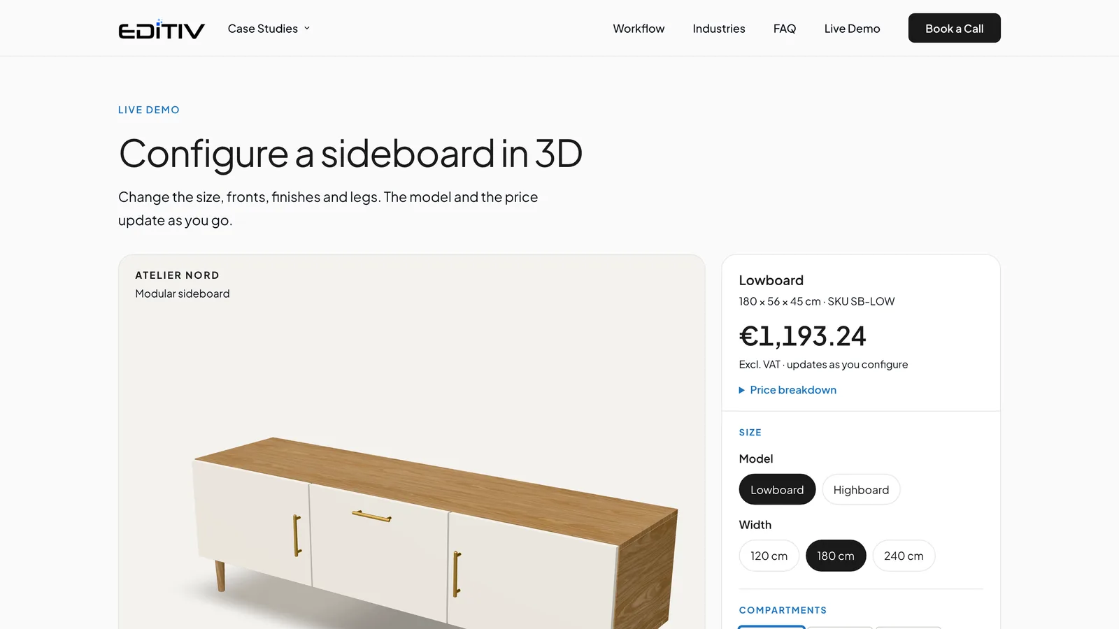 EDITIV live demo page with a 3D oak sideboard with white fronts and brass handles beside a configuration panel showing the price