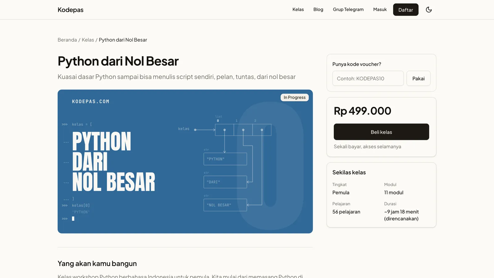 Kodepas course page for Python dari Nol Besar with a voucher field, price, buy button, and course summary