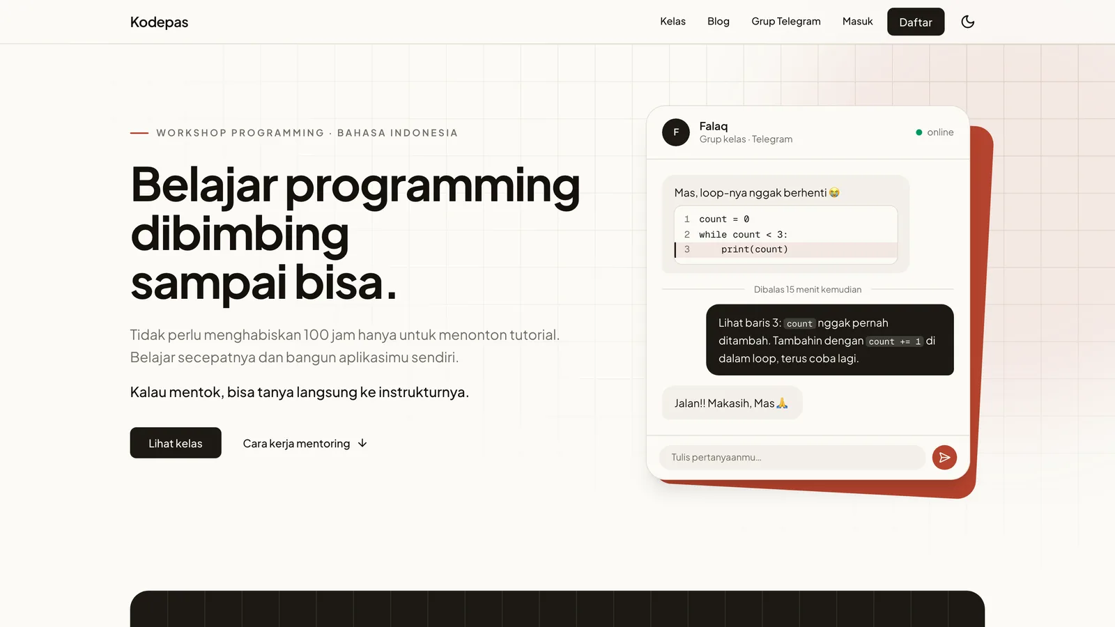 Kodepas homepage with the headline Belajar programming dibimbing sampai bisa beside a mentoring chat about a Python loop