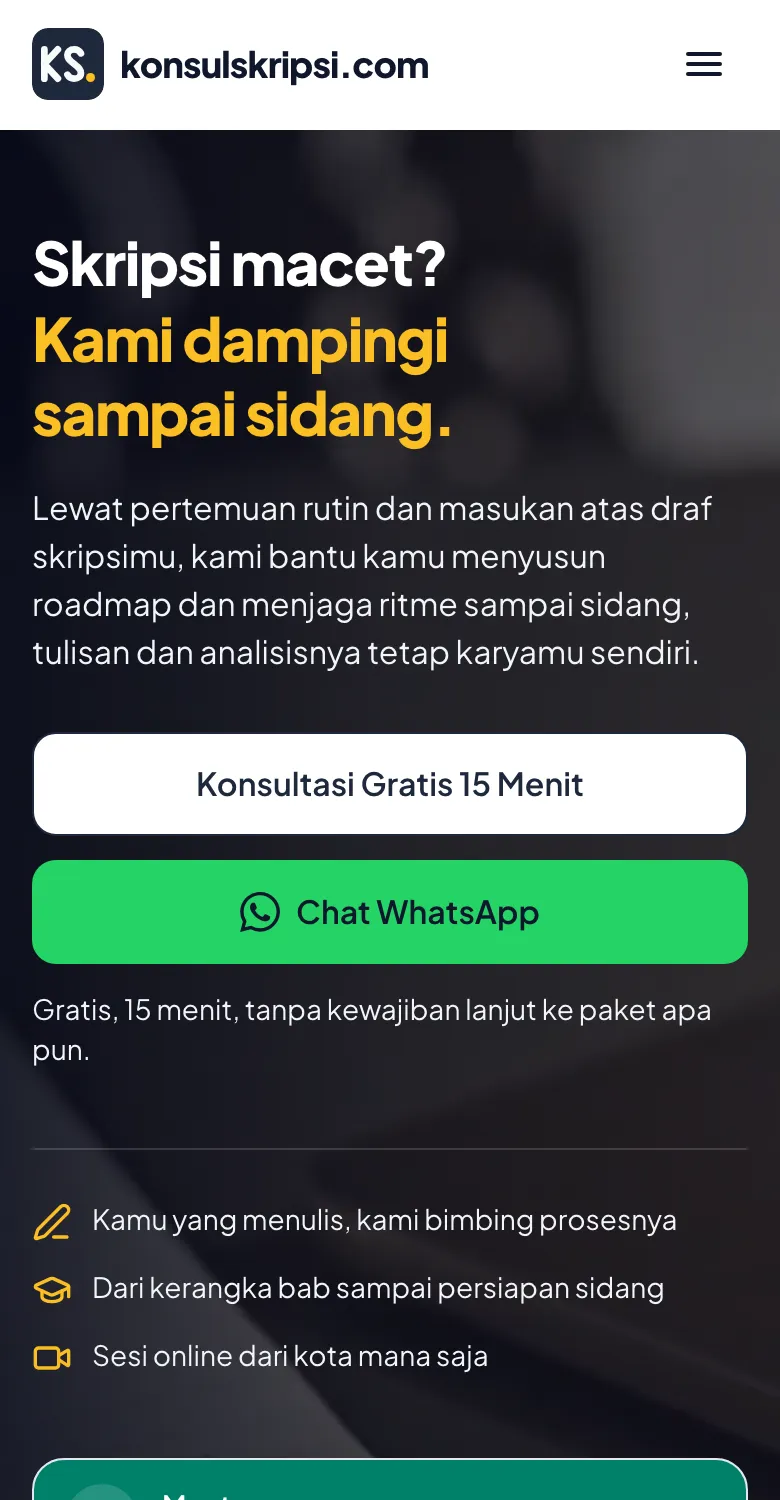 konsulskripsi.com on a phone with the hero headline, consultation and WhatsApp buttons, and a chat mockup