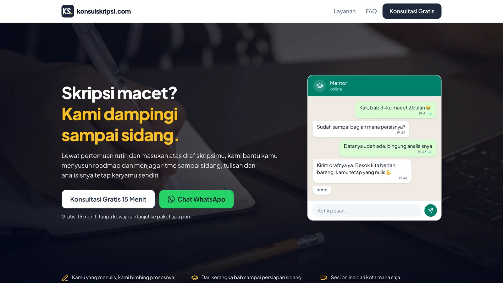 konsulskripsi.com hero with the headline Skripsi macet? Kami dampingi sampai sidang beside a WhatsApp chat mockup with a mentor