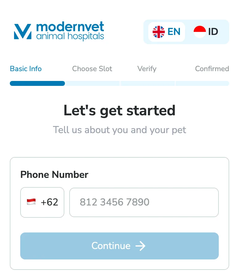ModernVet booking page on a phone, with the step indicator, language switcher, and phone number form