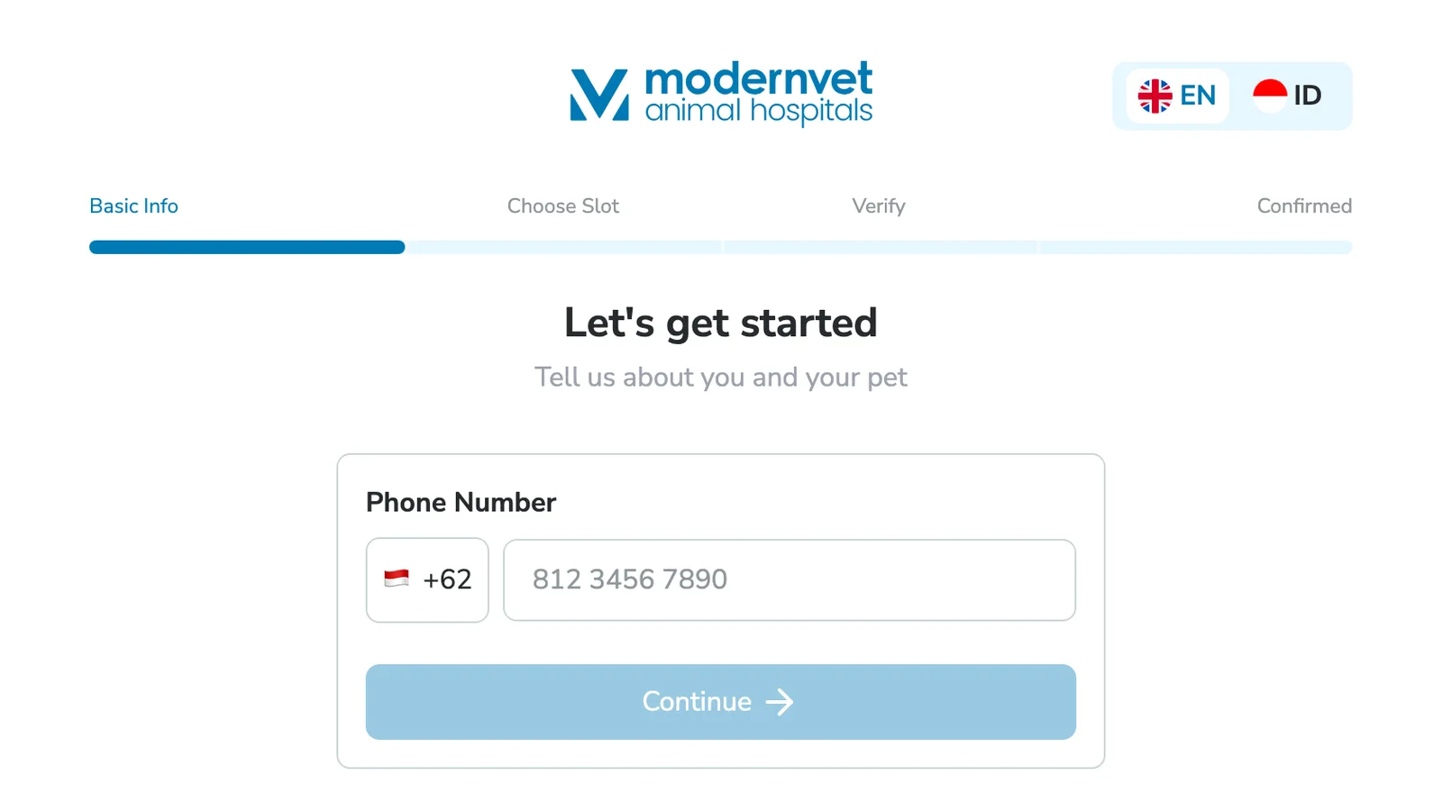 ModernVet booking page with Basic Info, Choose Slot, Verify, and Confirmed steps above a phone number form