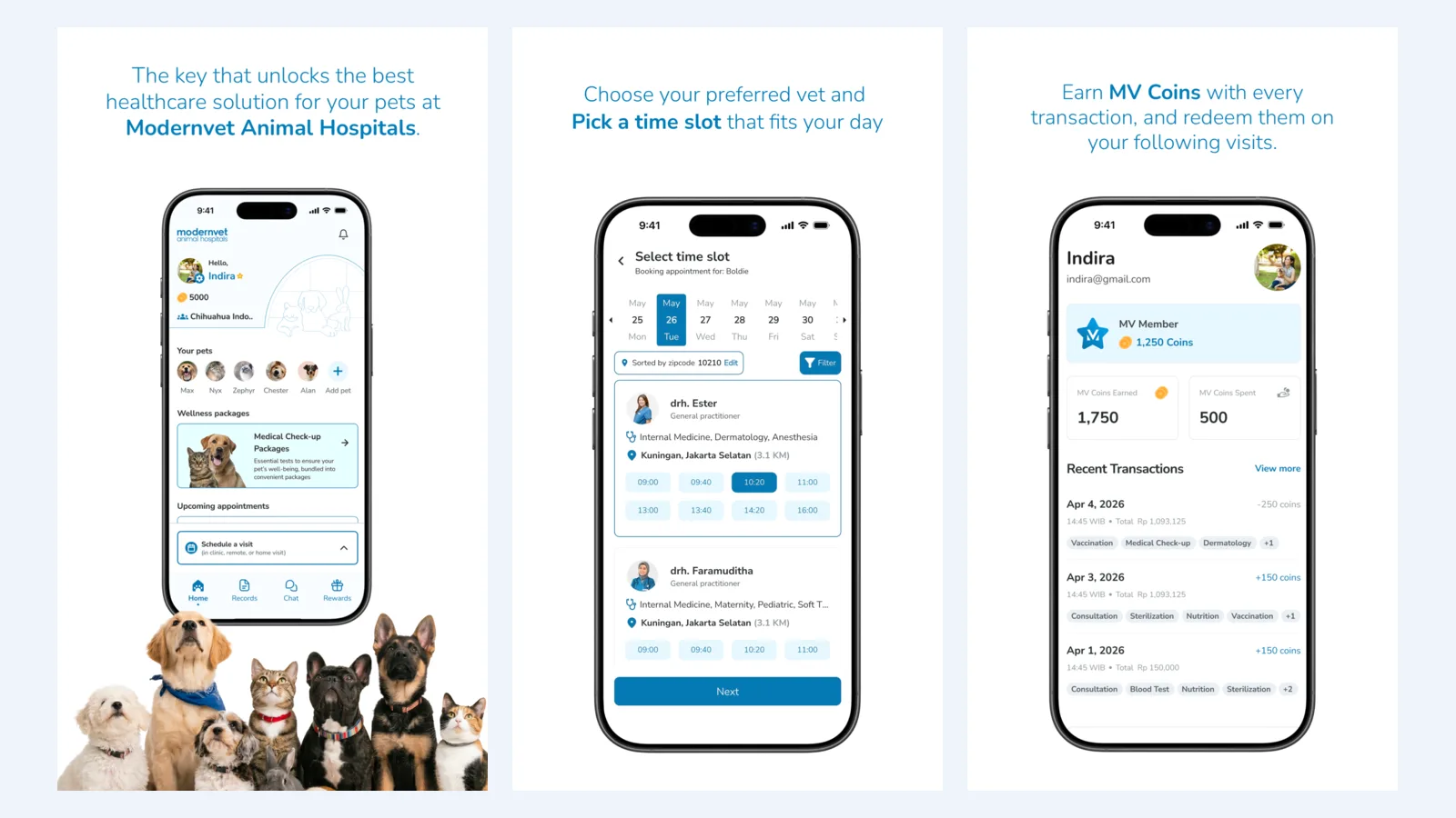 Three ModernVet app screens: the home screen with pets and wellness packages, vet time-slot selection, and the MV Member coins page