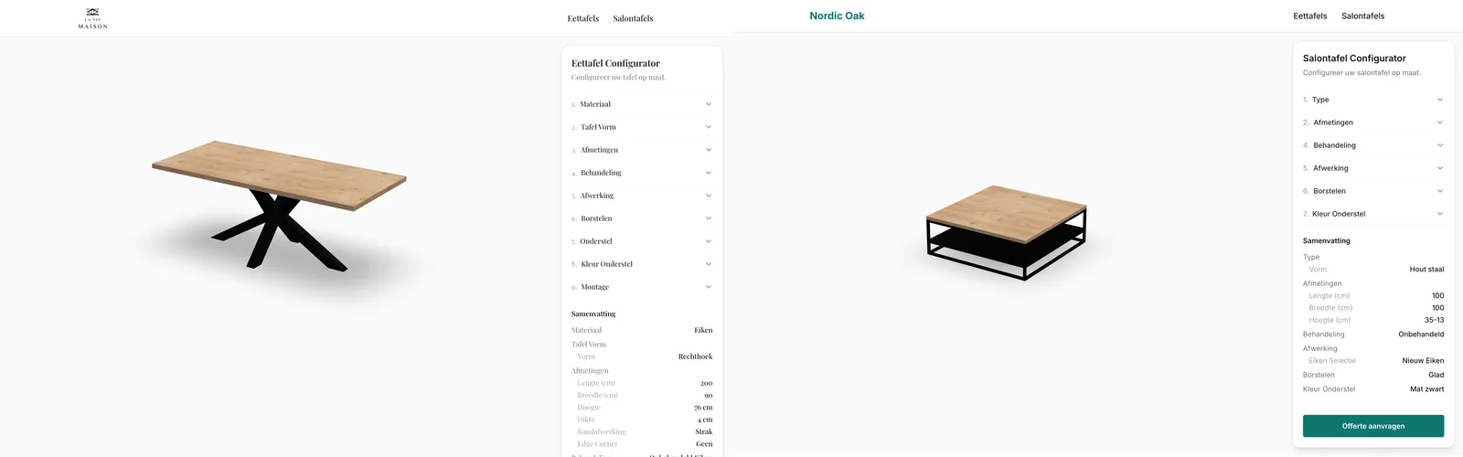 The dining table configurator on one reseller site and the coffee table configurator on another, each with a 3D table, option steps, and a summary