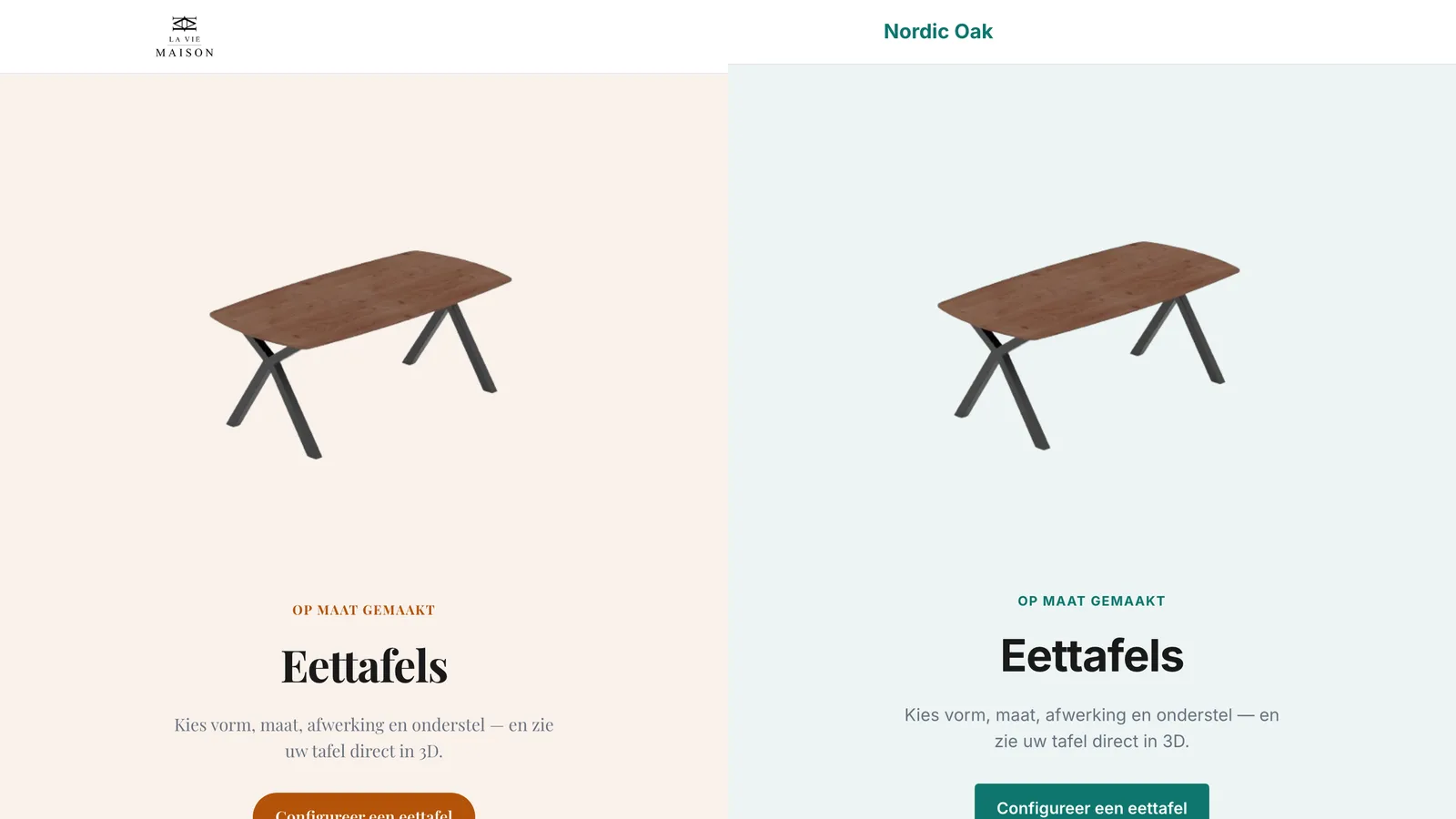 Two reseller sites from the same platform side by side, one with a serif font and amber accents and one with a sans-serif font and teal accents, both showing a 3D dining table