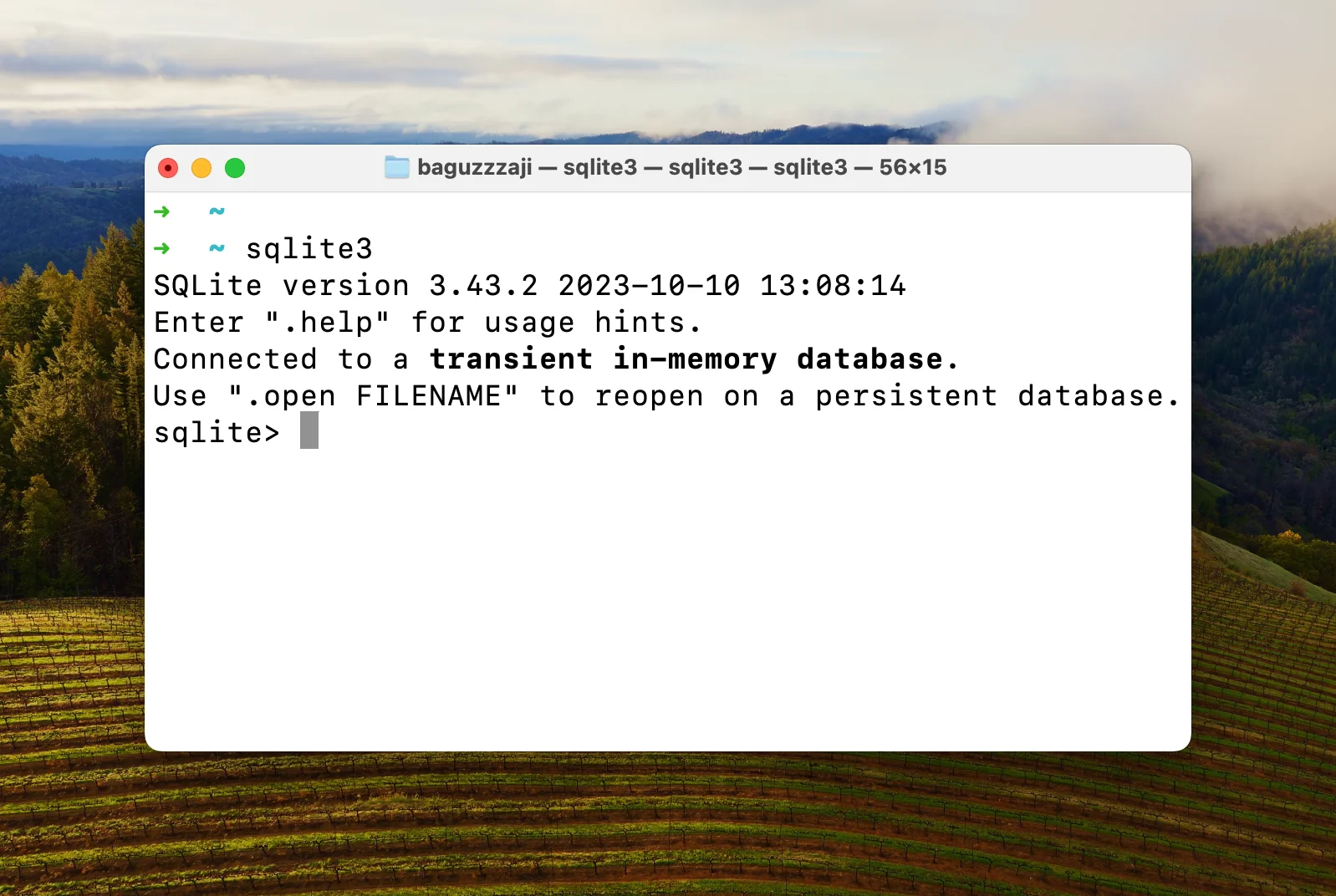 Terminal macOS menampilkan versi SQLite 3.43.2 dan prompt sqlite>
