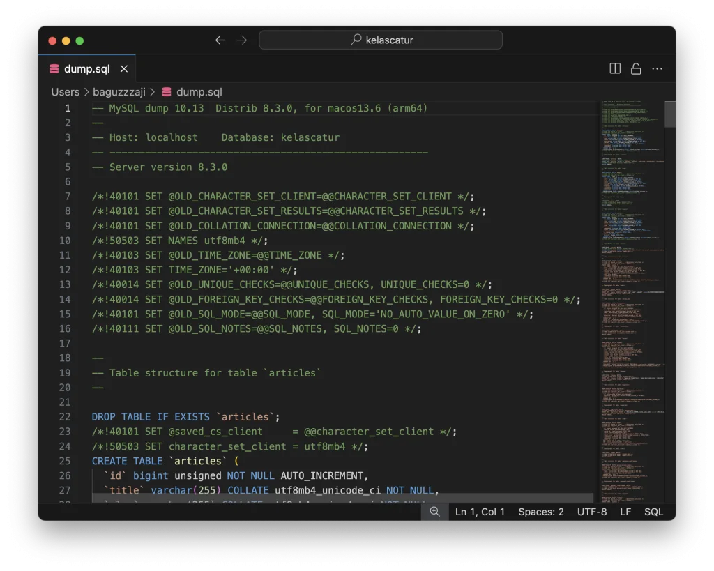 Konten file dump.sql berisi perintah SQL dan struktur tabel articles