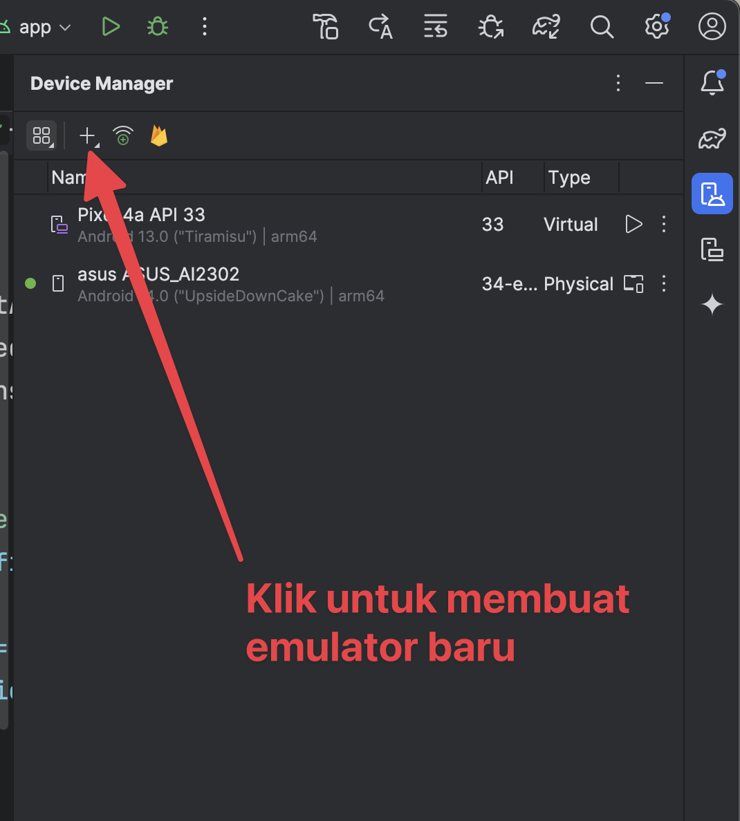 Panel Device Manager dengan panah merah menuju tombol tambah emulator baru
