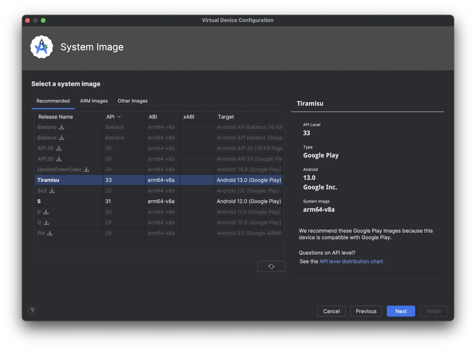Pemilihan system image Android Tiramisu API 33 di jendela Virtual Device Configuration