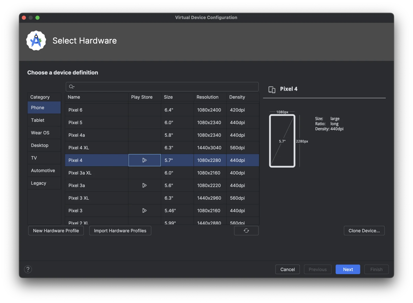 Jendela Virtual Device Configuration dengan Pixel 4 terpilih di daftar perangkat