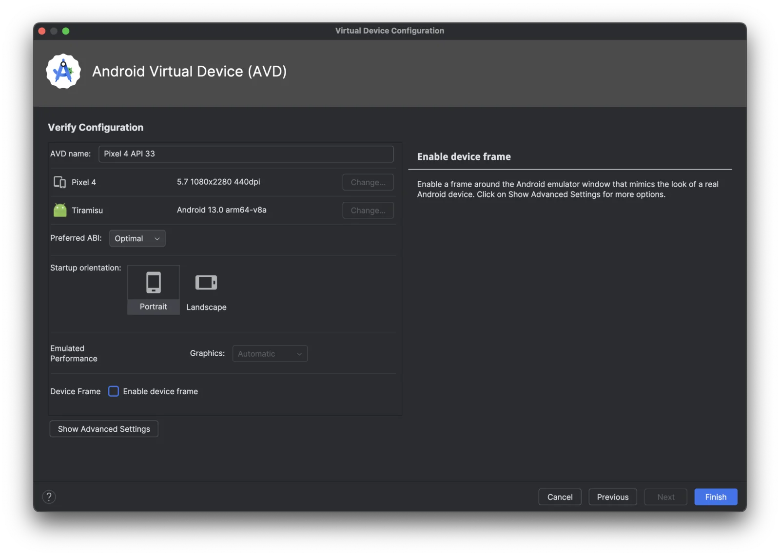 Layar Verify Configuration emulator Pixel 4 API 33 dengan opsi Enable device frame