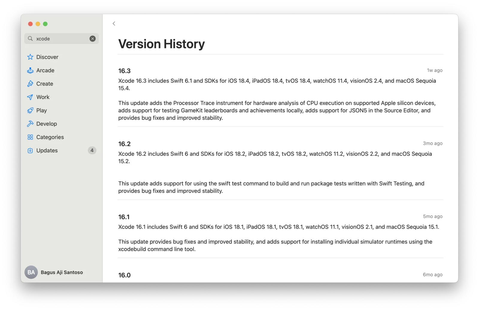 Halaman Version History Xcode menampilkan versi 16.3, 16.2, 16.1, dan 16.0