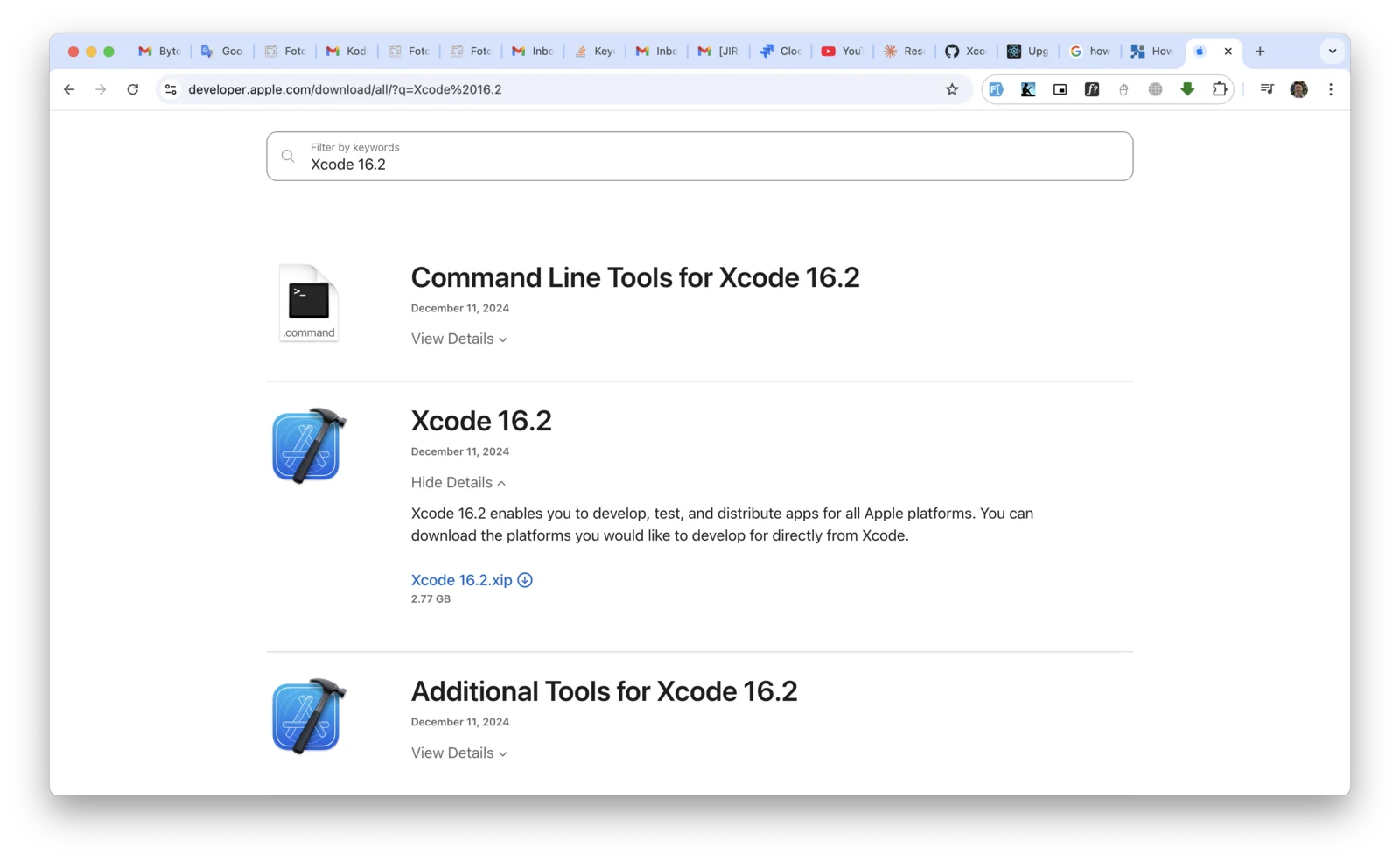 Halaman download Apple Developer dengan hasil pencarian Xcode 16.2 dan tautan file .xip