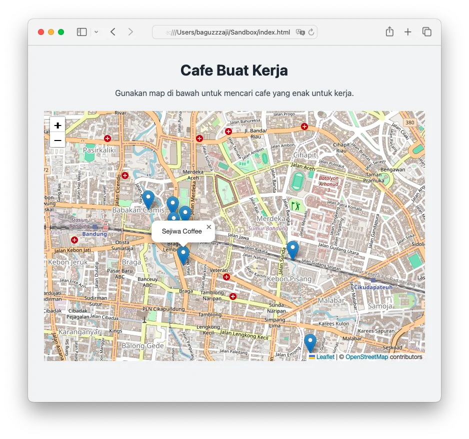 Popup berisi nama Sejiwa Coffee muncul saat marker cafe diklik