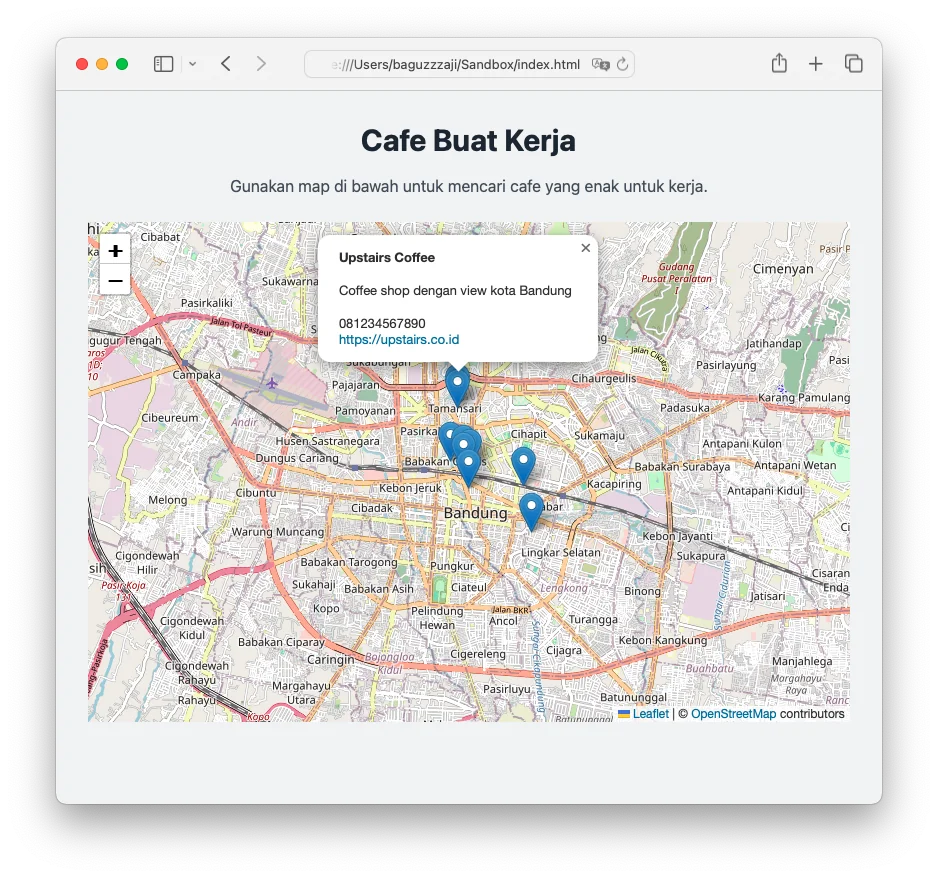 Popup HTML berisi nama, deskripsi, nomor telepon, dan link website Upstairs Coffee