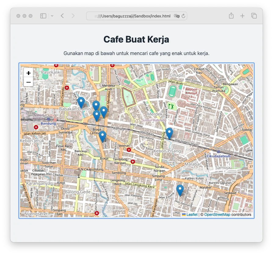 Peta Bandung dengan 10 marker lokasi cafe tersebar di pusat kota