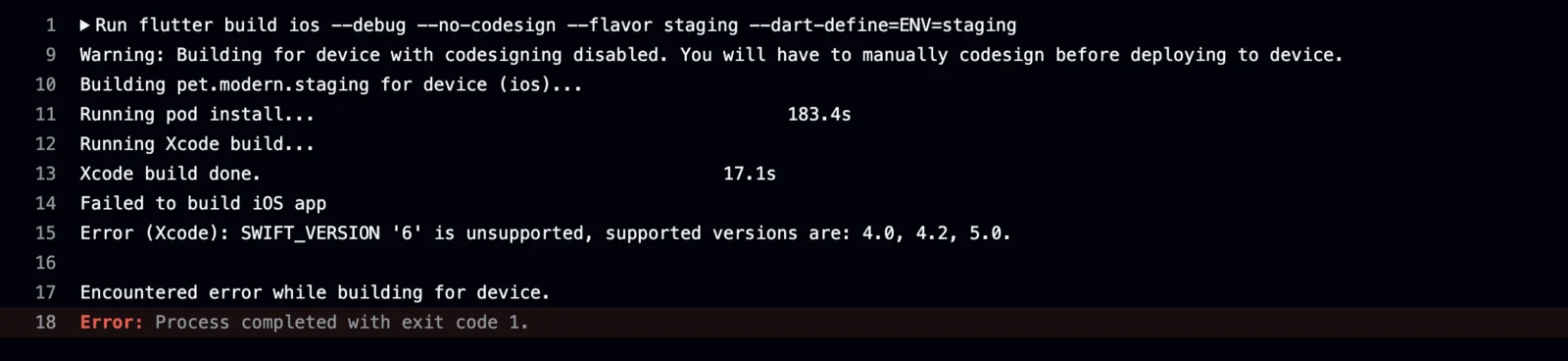 Log GitHub Actions yang gagal build iOS dengan error SWIFT_VERSION '6' is unsupported