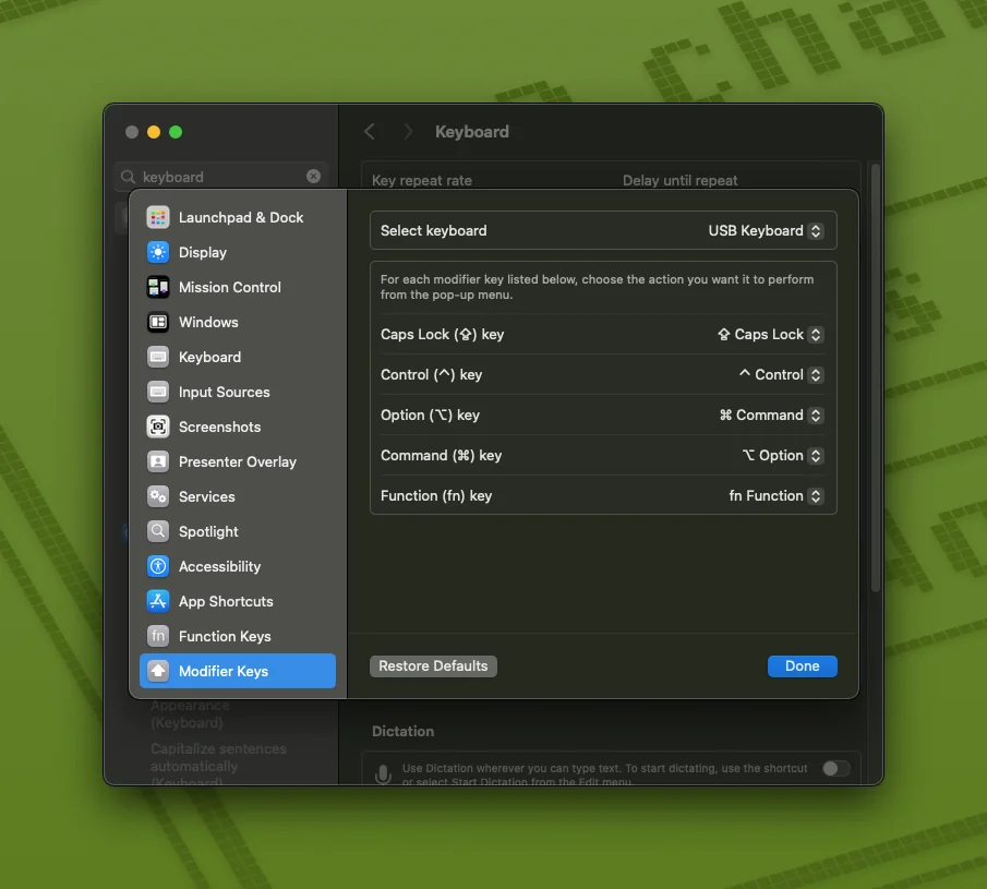 Dialog Modifier Keys pada System Settings macOS dengan fungsi tombol Option dan Command yang sudah ditukar